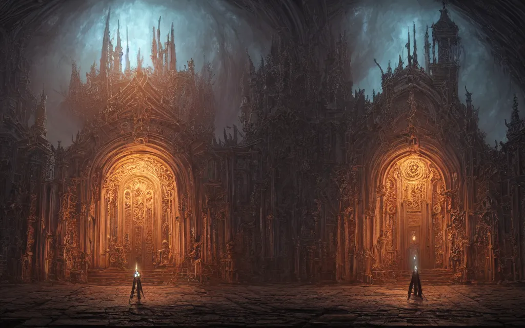 Image similar to center view of an extremely detailed render of hooded necromancer in front of a lovecraft church portal, intricate architecture, baroque detailed, unreal engine realistic render, 8 k, micro detail, design by android jones and greg rutkowski, gaston bussiere, craig mullins, synthwave color scheme, cinematic lighting, trending on artstation, vivid colors