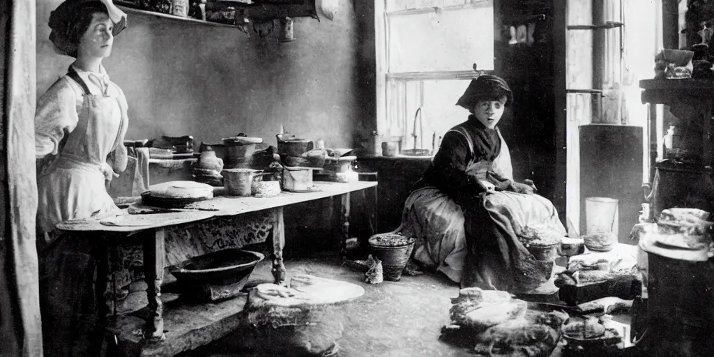 Image similar to a young edwardian woman baking bread in a cozy french kitchen