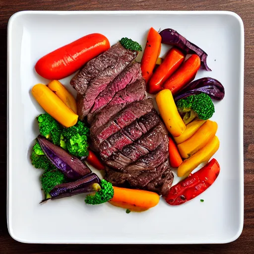 Image similar to steak dinner, large square white plate, vegetables, 4 k