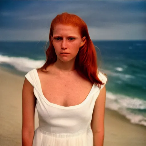 Image similar to portrait photography of a beautiful ginger model with bright blue eyes standing in front of ocean, Joel Meyerowitz, 35mm, kodak film photo