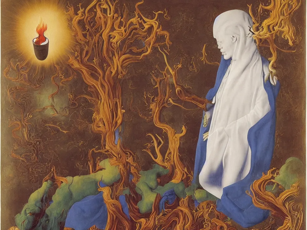 Image similar to Portrait of albino mystic with blue eyes, with flames. Painting by Jan van Eyck, Audubon, Rene Magritte, Agnes Pelton, Max Ernst, Walton Ford