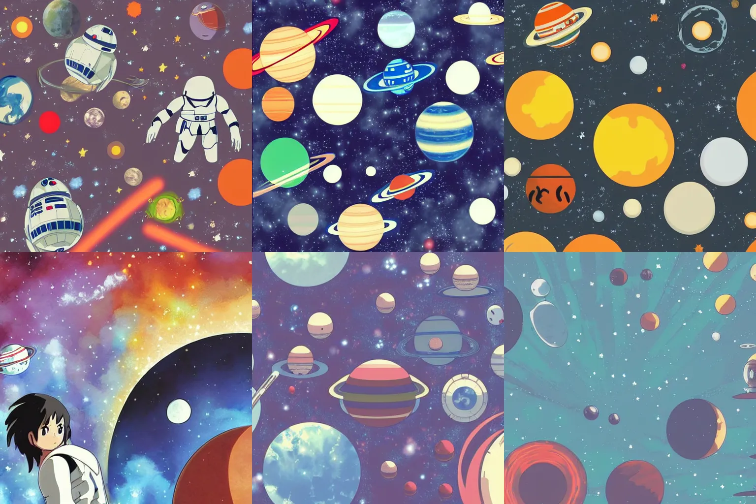 Prompt: planets, starwars, space, studio ghibli, anime background