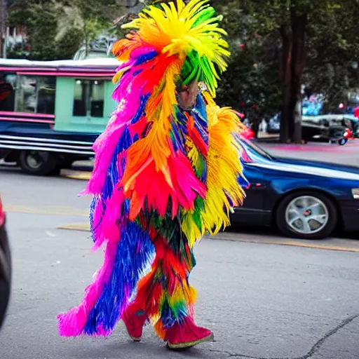 Image similar to a man made of colorful feather boas walking across the street