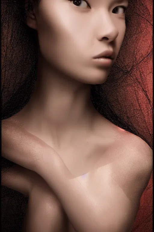 Image similar to portrait of a beautiful woman with reaction diffusion skin. high detail, by jarold Sng