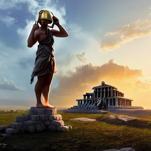 Image similar to tiny greek goddess in steel helmet standing on a giant greek bearded male head of Zeus, greek temple of olympus glory island, late afternoon light, wispy clouds in a blue sky, by frank lloyd wright and greg rutkowski and ruan jia