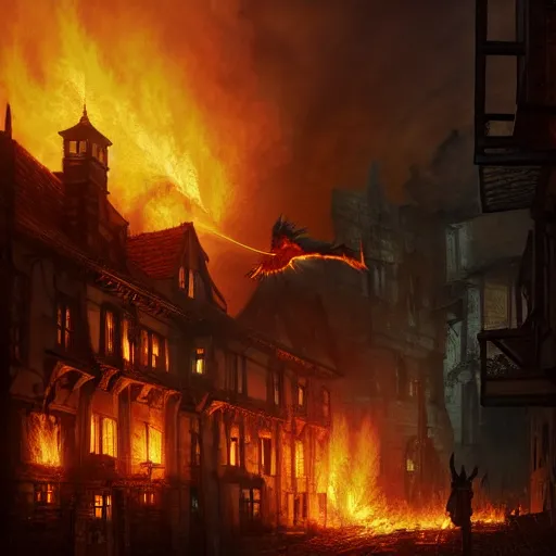 Prompt: Phoenix in fire flying through a medieval town by night, buildings in fire, dark, destruction, post-apocalyptic, DnD character, unreal engine, octane render, dramatic lighting, pond, digital art, by Stanley Artgerm Lau, greg rutkowski, thomas kindkade, alphonse mucha, loish, norman Rockwell