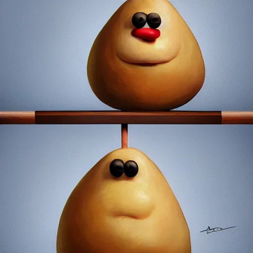 Image similar to teteaclaquestv mr potato head caricature, artgem, digital painting, color painting, hyperrealistic, concept art, oil painting, masterpiece, concept art, trending on deviantart, realistic and detailed face, highly detailed, high quality, 8 k, soft lighting, fancy colors, fantasy, cinematic, high coherence