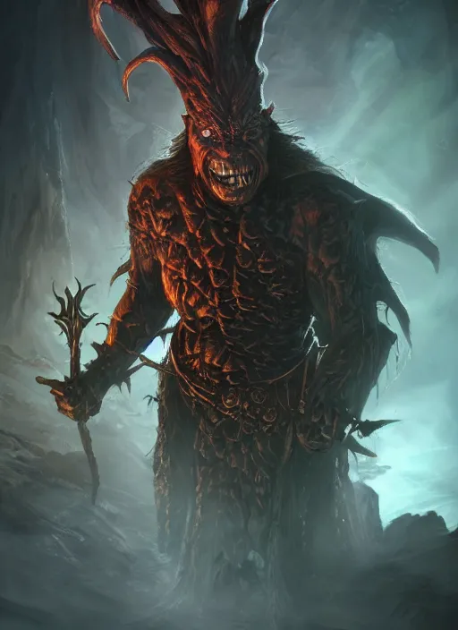 Image similar to evil goblin ultra detailed fantasy, elden ring, realistic, dnd character portrait, full body, dnd, rpg, lotr game design fanart by concept art, behance hd, artstation, deviantart, global illumination radiating a glowing aura global illumination ray tracing hdr render in unreal engine 5