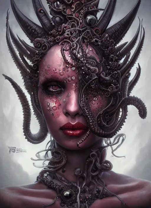 Image similar to a hyper detailed face portrait of the queen of blades, wide eyes, diablo 4 lilith, sideshow figurines, cthulu, by tom bagshaw, artgerm, dorian cleavenger, zdzisław beksinski trending on artstation