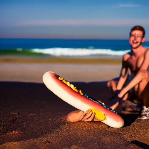 Prompt: man skateboards on a hot dog on a beautiful sunny beach, award winning photo of the year
