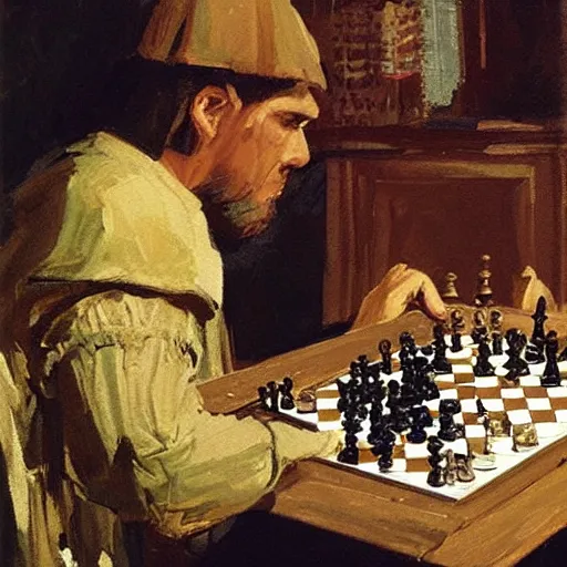 Image similar to portrait of man in medieval clothes playing chess, detailed by greg manchess, craig mullins, bernie fuchs, walter everett