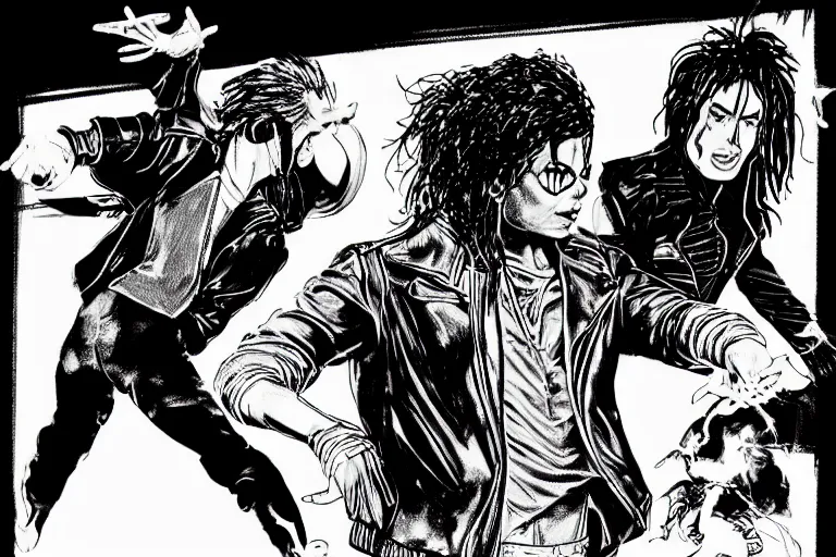 Image similar to michael jackson dancing, a page from cyberpunk 2 0 2 0, style of paolo parente, style of mike jackson, adam smasher, johnny silverhand, 1 9 9 0 s comic book style, white background, ink drawing, black and white