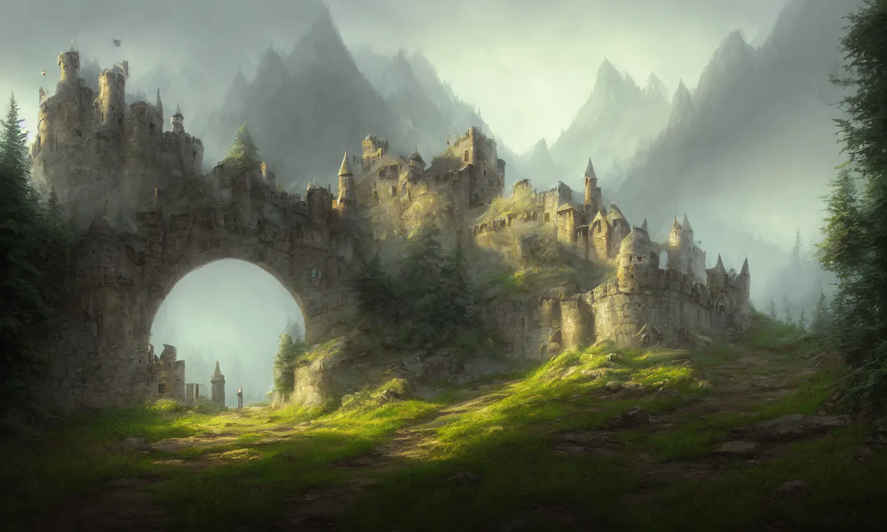 Prompt: digital painting of a small castle town closed off by large metal gate, border, behind a forest, large mountains in back, detailed, concept art, low angle, high detail, warm lighting, volumetric, godrays, vivid, beautiful, trending on artstation, by Jordan grimmer, no focus, huge scene, grass, art greg rutkowski and alphonse mucha