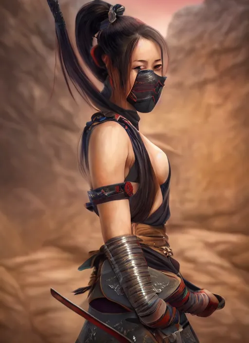 Prompt: samurai girl which chest wrapped in bandages with katana in desert, fantasy, medieval, vivid colors, fantasy, elegant, concept art, sharp focus, beautiful face, digital art, Hyper-realistic, 4K, Unreal Engine, Highly Detailed, HD, Dramatic Lighting by Brom, trending on Artstation