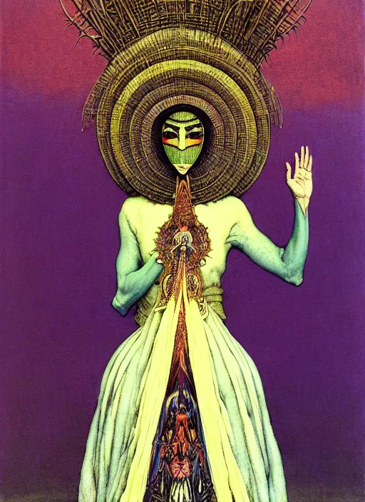 Image similar to soaring woman wearing a round mask with many thick long blades behind head. dressed in a long robe with wide sleeves and making namaste gesture. highly detailed, symmetric, concept art, saturated colors, masterpiece, fantasy art, hyperdetailed, hyperrealism, art by zdzisław beksinski, arthur rackham, dariusz zawadzki, larry elmore