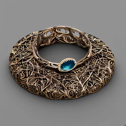 Image similar to intricate! organic, nordic wedding ring, necklace, gemstones, dreamy floral background, refraction, occlusion, lower and upper levels, keyshot render, octane render, vray render