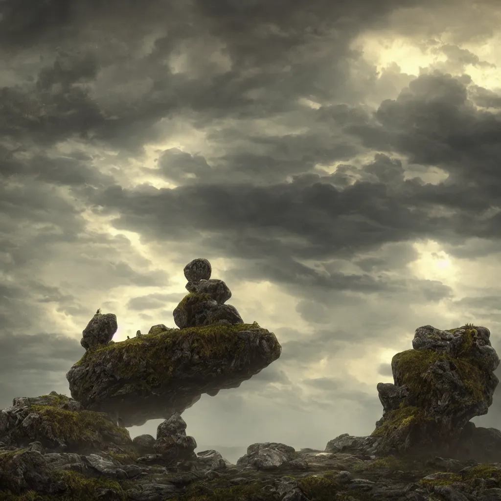 Image similar to Photorealistic epic landscape with magically floating rocks, with ominous storm clouds, strange levitating stones, stones falling from the sky, a gentle rising mist. occult photorealism, UHD, amazing depth, glowing, golden ratio, 3D octane cycle unreal engine 5, volumetric lighting, cinematic lighting, in the style of Michael Whelan and Gustave Dore. Hyperdetailed photorealism, epic scale, misty, 108 megapixels, amazing depth, glowing rich colors, powerful imagery, psychedelic Overtones, concept art