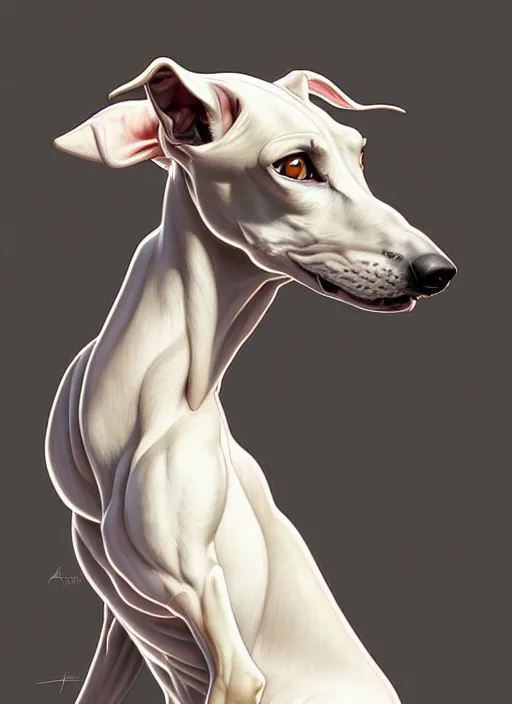 Image similar to demonic white brown greyhound, natural lighting, path traced, highly detailed, high quality, digital painting, by don bluth and ross tran and studio ghibli and alphonse mucha, artgerm