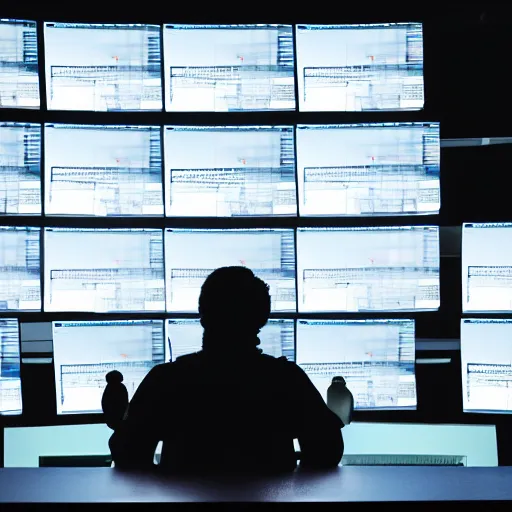 Image similar to a Portrait of a hacker, computer screens in the background, dark, dramatic, realistic studio lighting, realistic reflections, 4k, professional, canon