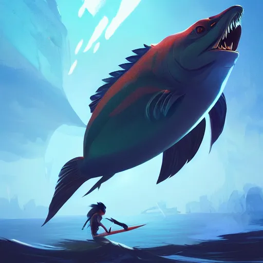 Image similar to portrait of an antropomorphic fish creature, black fins, human body, angry look, ready for battle, masterpiece, matte painting concept blizzard pixar maya engine on cold night stylized background splash comics global illumination lighting artstation lois van baarle, ilya kuvshinov, rossdraws