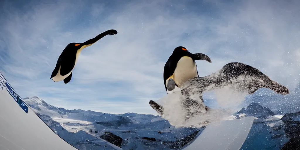 Prompt: ultrawide angle, high speed sporting photography of a penguin on a snowboard in the halfpipe winning the olympic medal, extremely detailed, 8 l