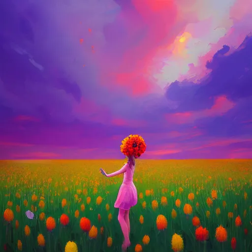 Prompt: large flower head, girl floating in a flower field, surreal photography, sunrise dramatic light, impressionist painting, colorful clouds, digital painting, artstation, simon stalenhag