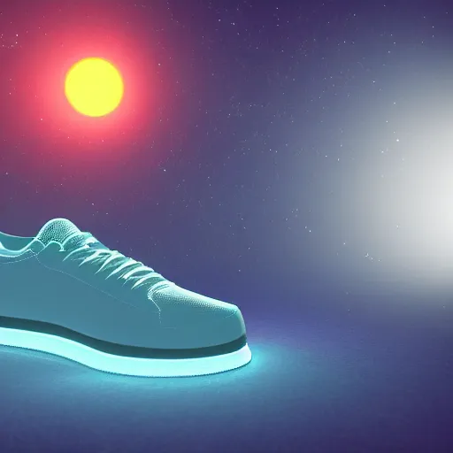 Image similar to high quality octane 3 d render of bioluminescent sneakers floating in space, emissive, bloom, volumetric, ray - tracing, bjork