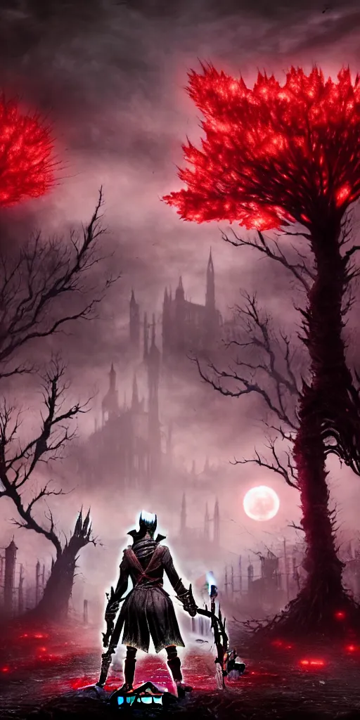 Image similar to abandoned bloodborne old valley with a person at the centre and a ruined city at the end, trees and stars in the background, falling red petals, epic red - orange moonlight, perfect lightning, illustration by niko delort and kentaro miura, 4 k, ultra realistic