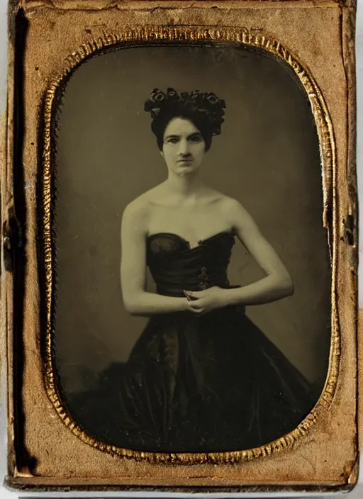 Image similar to wetplate daguerreotype portrait of an elegant woman, covered by an octopus, by louis jacques mande daguerre