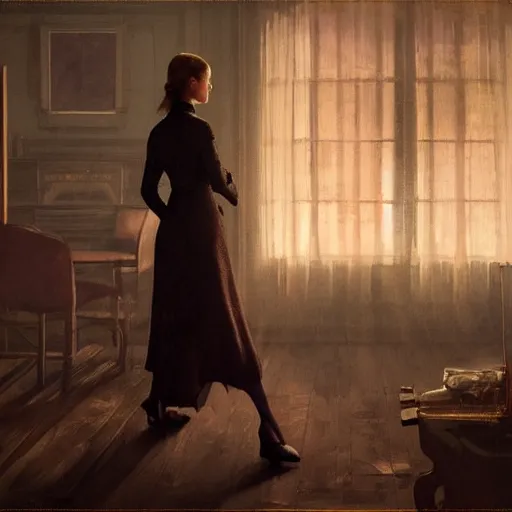 Prompt: Elle Fanning in Bloodborne in the world of Edward Hopper, stormy weather, extremely detailed masterpiece, oil on canvas, low-key neon lighting, artstation, Blade Runner 2049, Roger Deakin’s cinematography, by J. C. Leyendecker and Peter Paul Rubens,