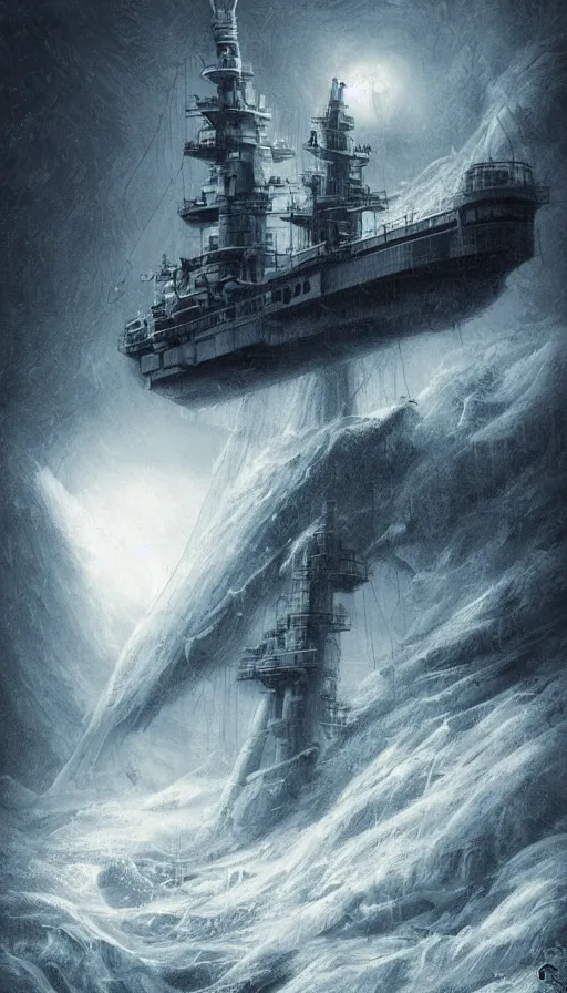 Prompt: Science fiction, ship in ice, high detail, blizzard, fantastic creature, Isaac Clark