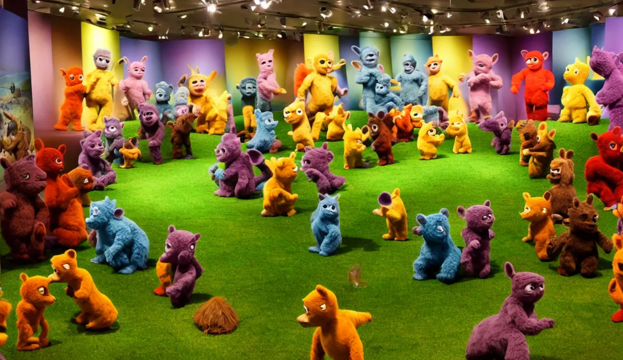 Image similar to diorama at the american museum of natural history, new york, of teletubbies as furry animals