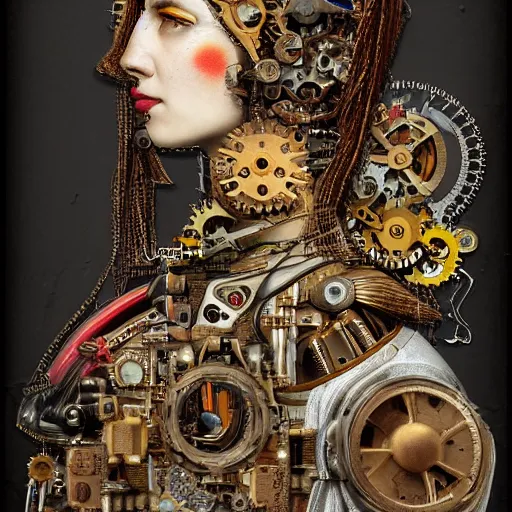 Image similar to profile portrait of a woman, computer parts, mechanical parts, by giuseppe arcimboldo, steampunk, cyberpunk.