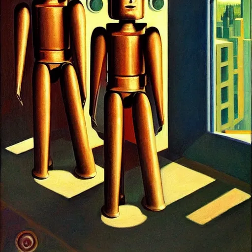 Image similar to three brutalist robot bishops portrait, grant wood, pj crook, edward hopper, syd mead, oil on canvas