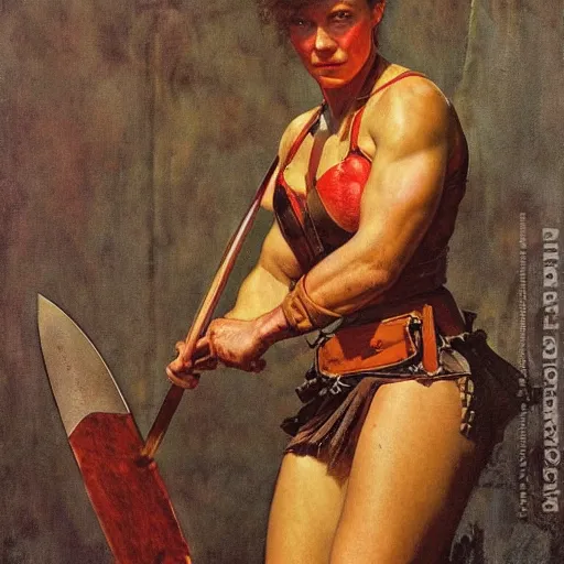 Image similar to portrait of a beautiful savage muscular barbarian female with light leather armor, by norman rockwell