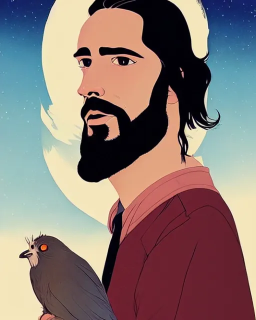 Prompt: portrait of a man with long black hair and beard holding a bird in his hands, full moon in the background, fine portrait, beautiful, concept art, by tomer hanuka, by alex vermeer