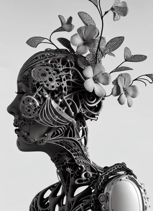 Image similar to monochrome 3 d model, biomechanical beautiful young female cyborg with porcelain profile face and a big floral eye, volumetric light, leaves foliage and stems, hibiscus flowers, boho floral vines, sinuous fine roots, fine foliage lace, alexander mcqueen, rim light, big gothic fashion pearl embroidered collar, steampunk, octane render, 8 k