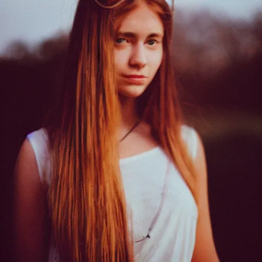 Image similar to a portrait photography of a woman with long hair. agfa vista 4 0 0 film. detailed. depth of field. cinematic. lens flare. grainy film. warm light.