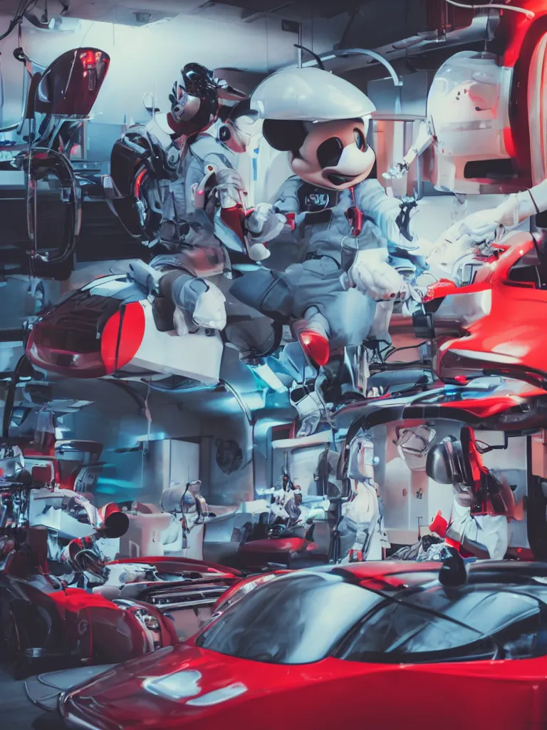Prompt: futuristic race car mechanics with astronaut helmets on their heads, doing surgery on mickey mouse doll head, red netflix neon office sign in background, beeple!!, minimal, realistic movie still in private car garage, dystopian