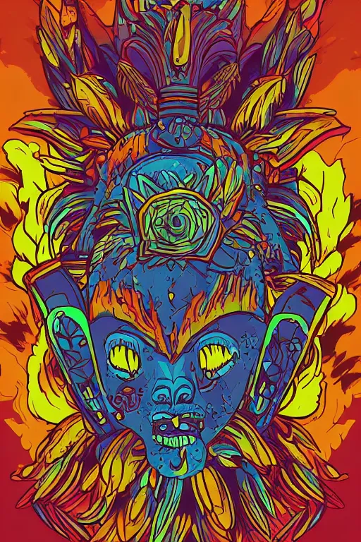 Image similar to animal mask totem roots flower tribal feather gemstone plant wood rock shaman vodoo video game vector cutout illustration vivid multicolor borderlands comics by josan gonzales and dan mumford radiating a glowing aura