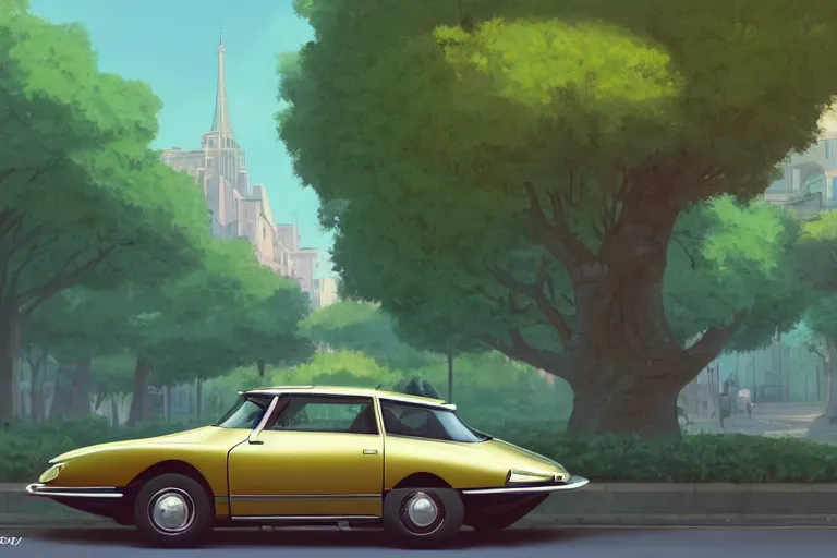 Image similar to a wholesome animation key shot of!! one!! focused! 1 9 7 4 citroen ds! in a tree lined paris street, medium shot, studio ghibli, ( pixar ) and disney animation, sharp, very detailed, high resolution, rendered in unreal engine 5, anime key art by greg rutkowski, bloom, dramatic lighting