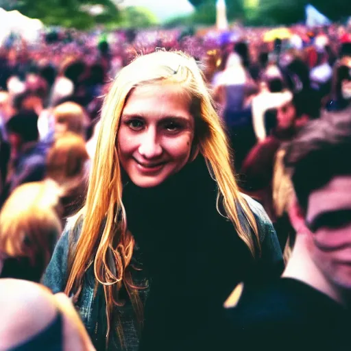 Prompt: ultra high close - up of a very beautiful young woman with blond long hair, standing in crowd of music festival, looking down at the camera. her face is partially obscured by a purple scarf, and she has a shy smiling expression. the light is dim, and the colours are muted. kodak etkar 1 0 0.