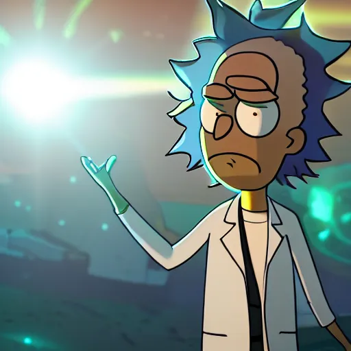 Prompt: portrait of rick sanchez, lab coat and tee shirt, lens flare, atmosphere, glow, detailed, intricate, full of colour, cinematic lighting, 4 k, hyperrealistic, focused, extreme details, cinematic, masterpiece, rick and morty