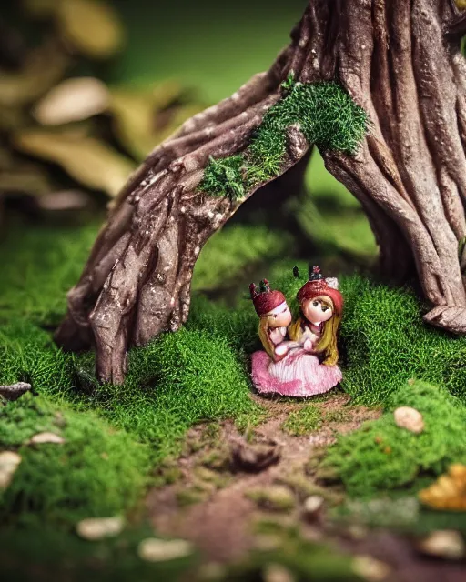 Image similar to high quality presentation photo of a detailed miniature diorama of a fairy tale forest in the style of Nicoletta Ceccoli, photography 4k, f1.8 anamorphic, bokeh, 4k, Canon, Nikon