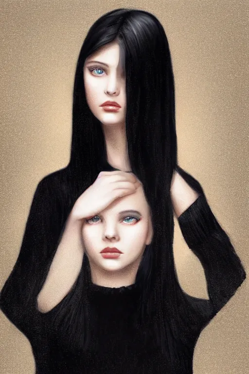 Prompt: portrait of teenage girl with glossy black hair, blue eyes, glowing porcelain skin, fashion model features, dar!dream portrait of teenage girl with glossy black hair, blue eyes, glowing porcelain skin, fashion model features, dark sweater, dark academia, intricate, elegant, black dress, highly detailed, digital painting, artstation, concept art, smooth, sharp focus, illustration, art by Krenz Cushart and Artem Demura and alphonse mucha