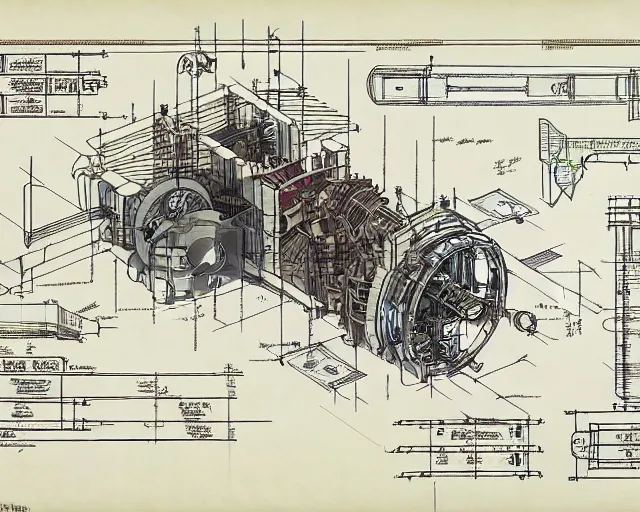 Image similar to a full page of a mechanical blueprint showing a simple cutaway design for a wooden wolf from howl's moving castle ( 2 0 0 4 ), with a pilot inside, muted colors, post grunge, studio ghibli, hq