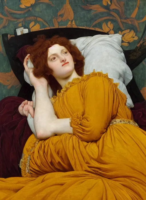 Image similar to masterpiece portrait of lady reclining on bed wearing yellow ochre ornate medieval dress, vertical, foreshortening, colour photography by frederic leighton, william morris, 8 k