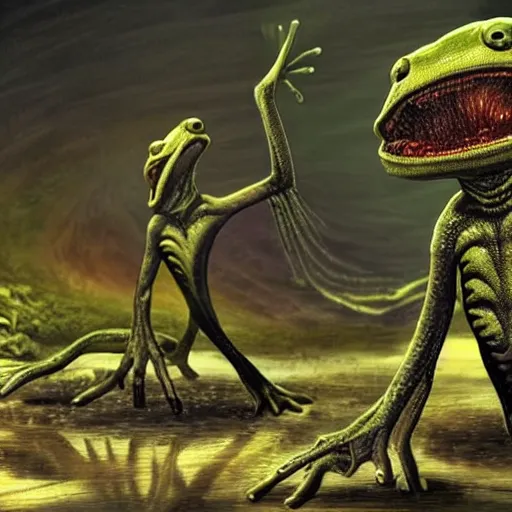 Image similar to These aliens are a type of amphibian. They have two arms and four legs, with a long, thick tail.