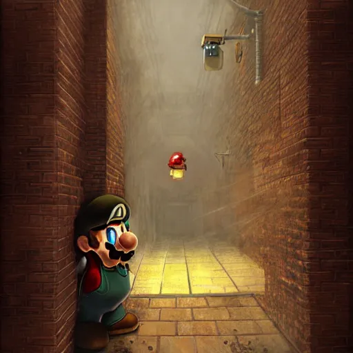 Image similar to man super mario, hiding behind a brick wall, dark mood, silent hill, highly detailed, digital painting, artstation, illustration, art by artgerm and greg rutkowski and alphonse mucha