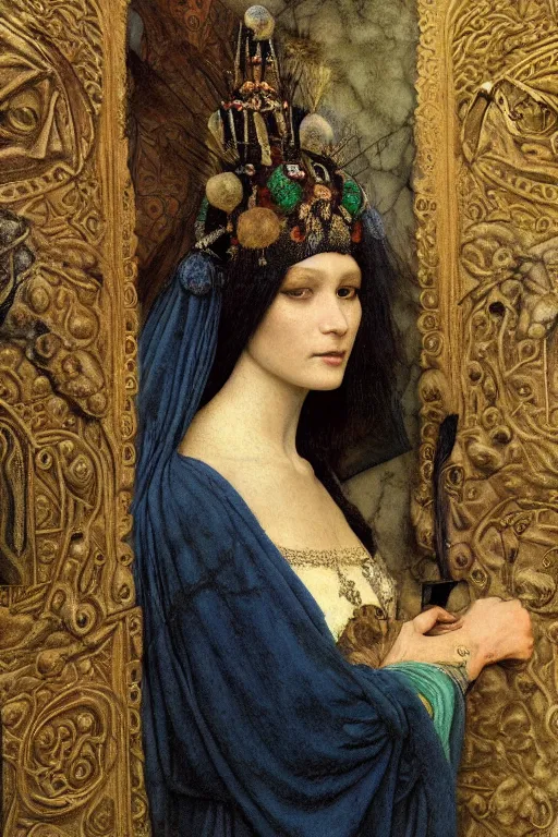 Prompt: portrait of the crow queen, by Donato Giancola and John Bauer and John William Godward and Vermeer, embroidered velvet, iridescent beetles, rich color, ornate headdress, flowing robes, lost runes, ancient civilizations,featured on Artstation, cgisociety, unreal engine, extremely detailed